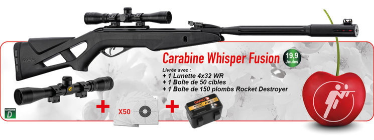 Pack carabine 4.5mm (Plomb) GAMO WHISPER FUSION + LUNETTE 4X32 + CIBLES + PLOMBS