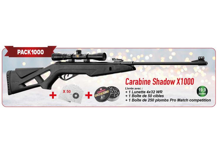 Pack carabine 4.5mm (Plomb) GAMO SHADOW X1000 BLACK + LUNETTE 4X32 WR + CIBLES + PLOMBS