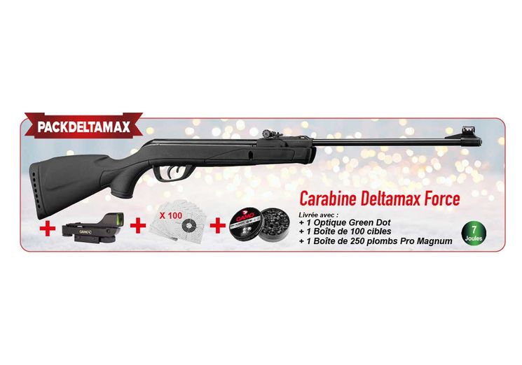 Pack carabine 4.5mm (Plomb) GAMO DELTAMAX FORCE BLACK + LUNETTE OPTIQUE GREEN DOT + CIBLES + PLOMBS