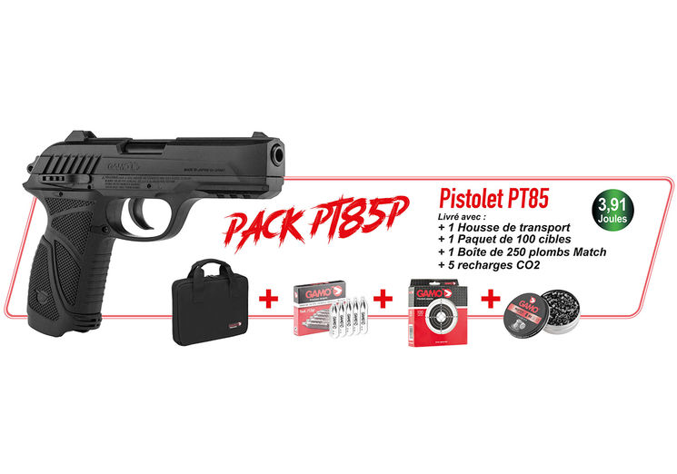 Pack Pistolet 4.5mm (Plomb) PT85 BLOWBACK CO2 BLACK + HOUSSE DE TRANSPORT + PLOMBS + SPARCLETTES + CIBLES GAMO
