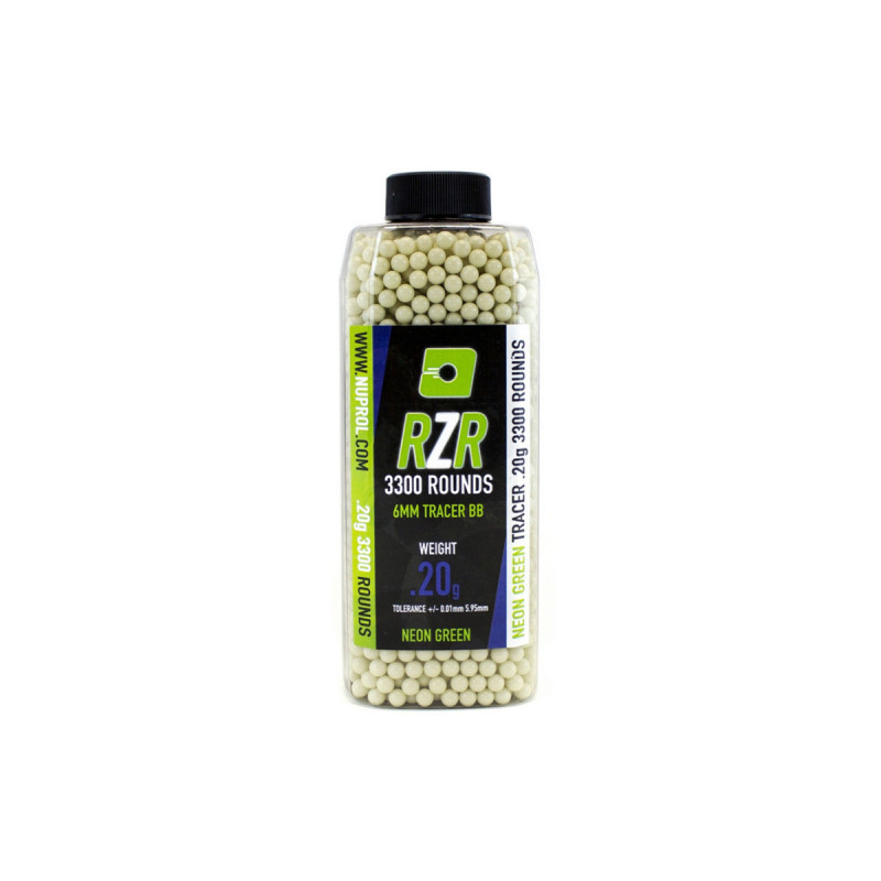 Bouteilles 3300 billes TRACANTES GREEN RZR NUPROL 0.20g fluorescente pour Airsoft.