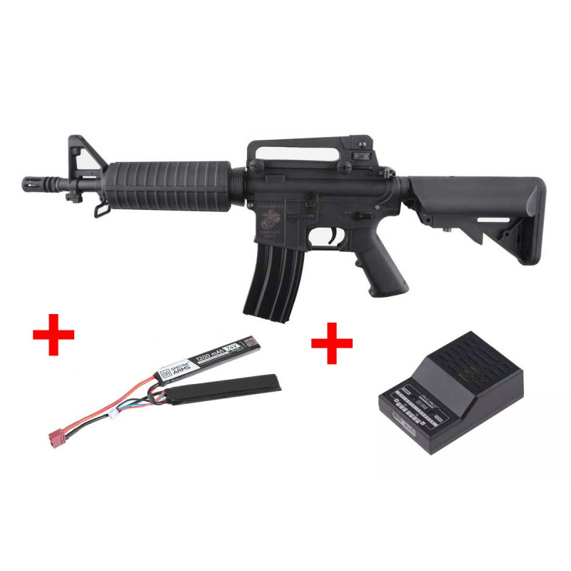 Pack fusil SA-C02 CORE M4 COURT METAL FIBRE DE NYLON BLACK SPECNA ARMS + BATTERIE LIPO + CHARGEUR BATTERIE LIPO