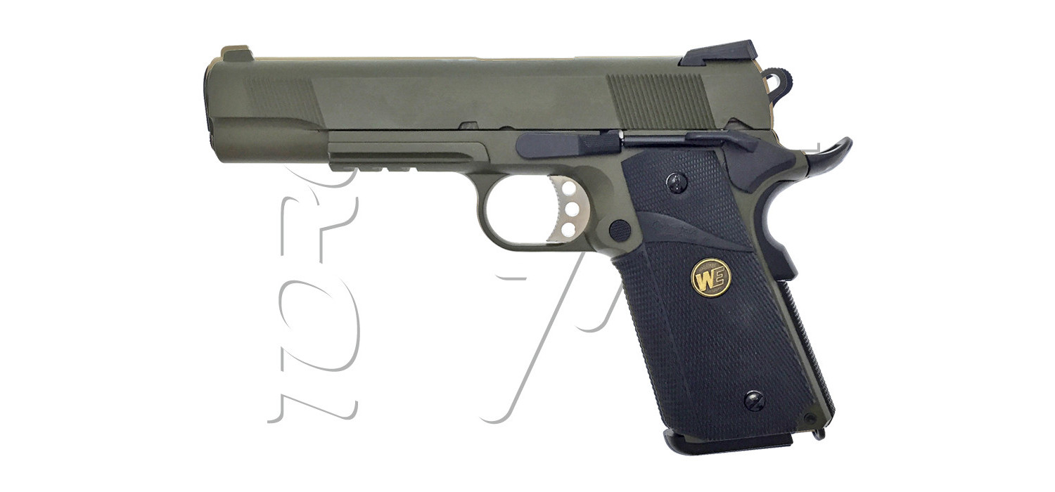 Pistolet COLT 1911 RAILED MEU GRIP BLOWBACK GAZ WE OLIVE Pistolet COLT 1911 RAILED MEU GRIP BLOWBACK GAZ WE OLIVE
