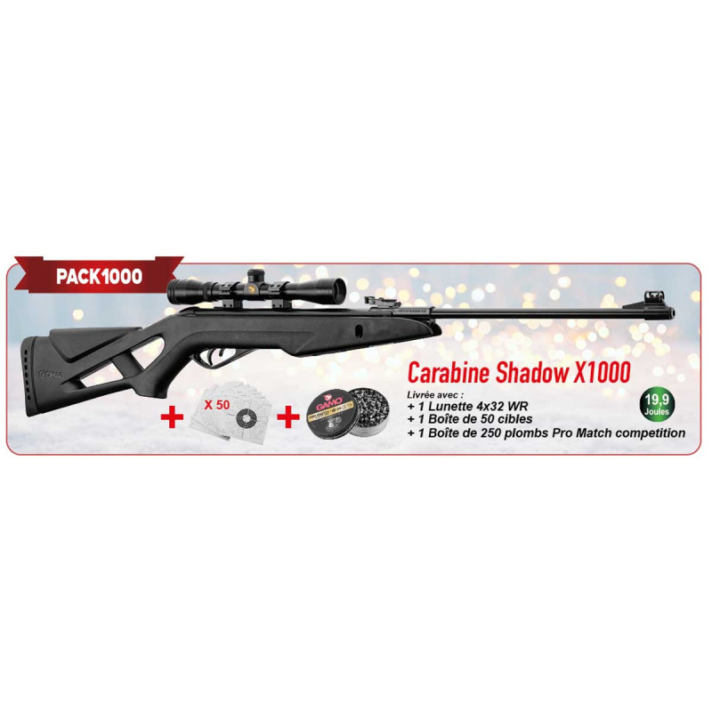 Pack carabine 4.5mm (Plomb) GAMO SHADOW X1000 BLACK + LUNETTE 4X32 WR + CIBLES + PLOMBS Pack carabine 4.5mm (Plomb) GAMO SHADOW X1000 BLACK + LUNETTE 4X32 WR + CIBLES + PLOMBS