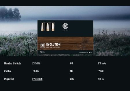 Cartouches CALIBRE 30-06 EVOLUTION 184gr (11.9g) RWS X20 - Catégorie C