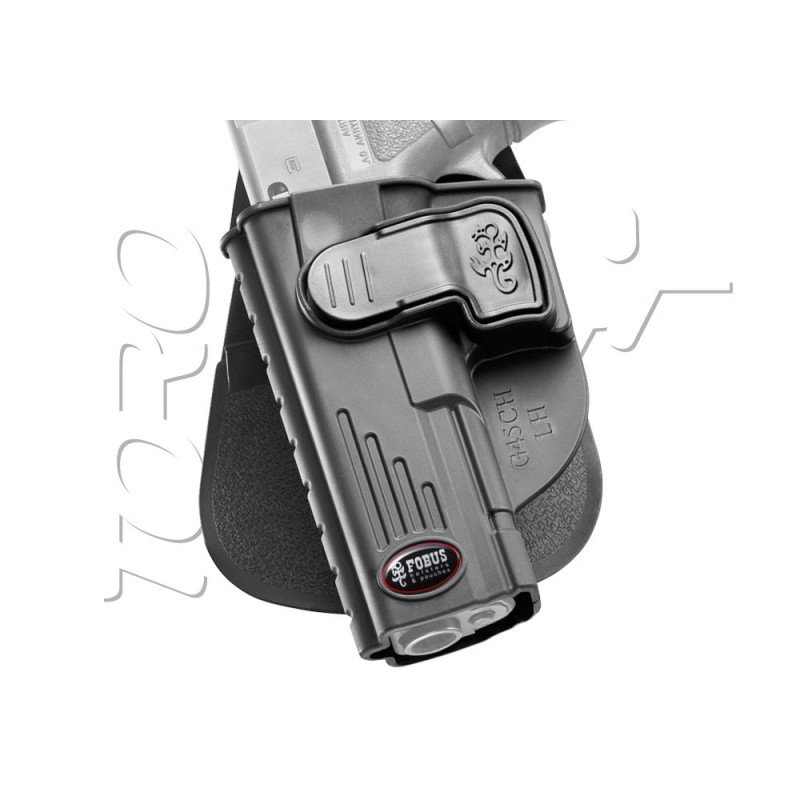 Holster RIGIDE CEINTURE ROTATIF GAUCHER + RETENTION GLOCK 45 FOBUS