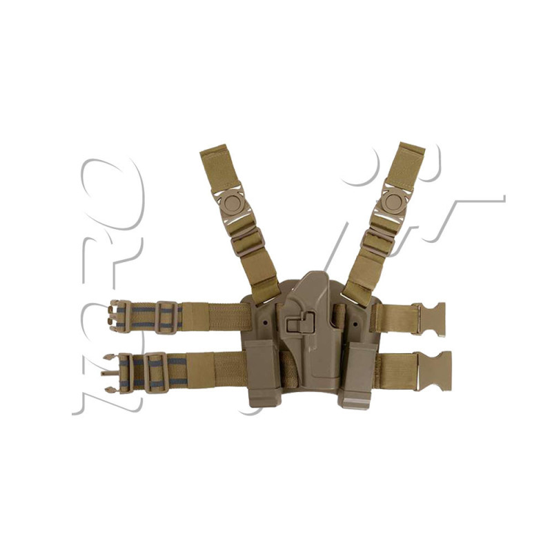 Holster de CUISSE RIGIDE CQC GLOCK DROITIER DOUBLE CHARGEUR TAN