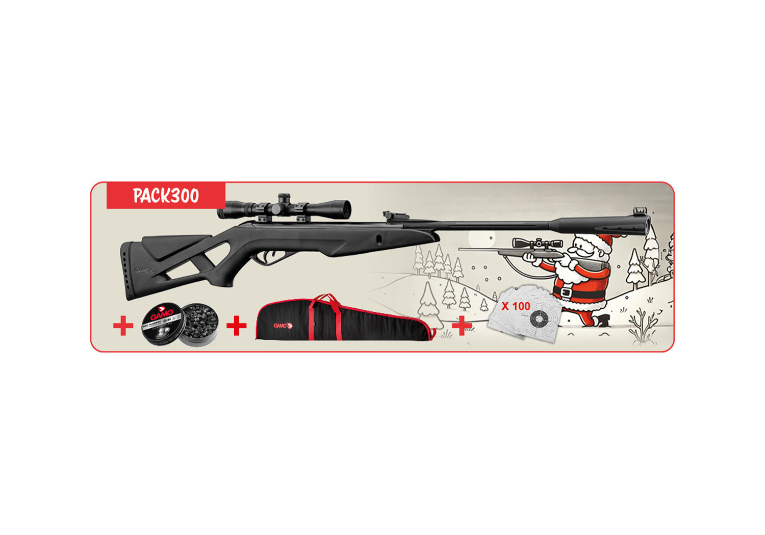 Pack carabine 4.5mm (Plomb) GAMO WHISPER X + LUNETTE + CIBLES + HOUSSE + PLOMBS