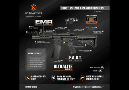 Fusil EVOLUTION GHOST XS EMR AMPLIFICATEUR CARBONTECH ETS.II EVOLUTION AIRSOFT