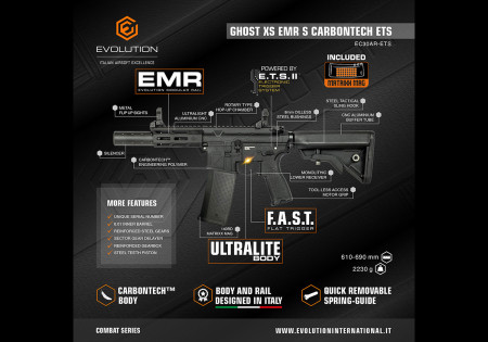 Fusil EVOLUTION GHOST XS EMR SILENCIEUX CARBONTECH ETS.II EVOLUTION AIRSOFT