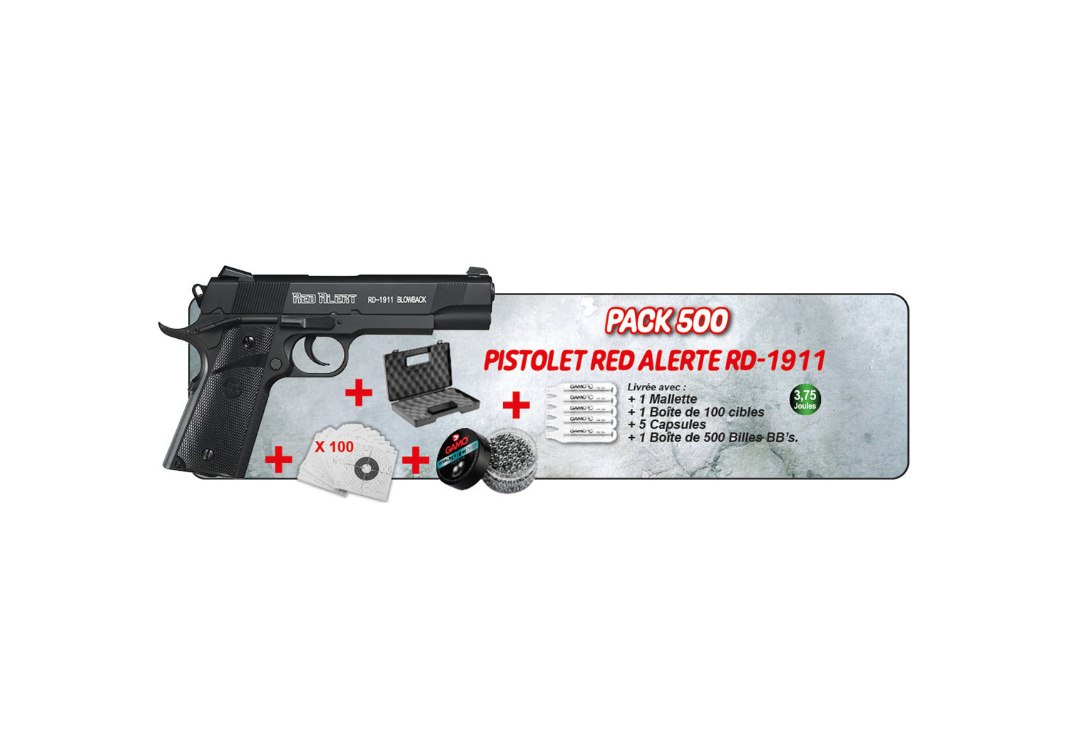 Pack Pistolet 4.5mm (Plomb) RD-1911 BLOWBACK CO2 BK + BIL + CIB + MAL Pack Pistolet 4.5mm (Plomb) RD-1911 BLOWBACK CO2 BK + BIL + CIB + MAL