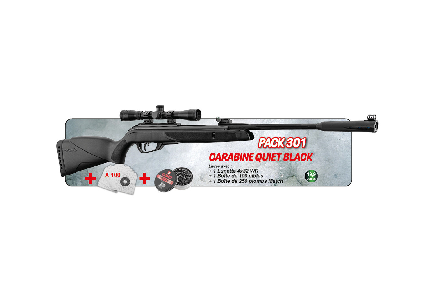Pack carabine 4.5mm (Plomb) QUIET BK GAMO + LUNETTE + CIBLE + PLOMB Pack carabine 4.5mm (Plomb) QUIET BK GAMO + LUNETTE + CIBLE + PLOMB